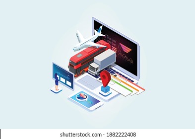 Moderno Isometric Online compra o reserva de billetes para un avión, bus o tren. Viaja por el mundo y los países. La animación y el ocio. Viaje de negocios. Ilustración isométrica del vector 