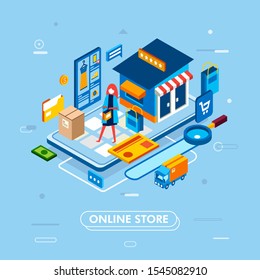 modern isometric of online shopping process from smartphone, with card, truck, money icon illustration vector. online shopping process element for landing page , info graphic or others