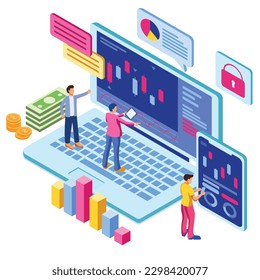 Modern Isometric Online Stock Market Technology Illustration in White Isolated Background With People and Digital Related Asset