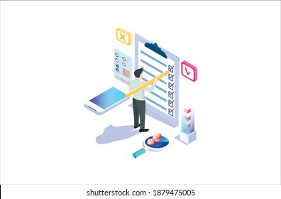 Concepto moderno de encuesta Isometric Online con caracteres. ilustración aislada en fondo blanco, puede utilizarse para banner web, infografías, . Adecuado para diagramas, activo relacionado con gráfico