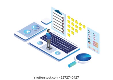 Modern Isometric Online survey concept with characters. illustration isolated on white background, Can use for web banner, infographics, . Suitable for Diagrams, Graphic Related Asset