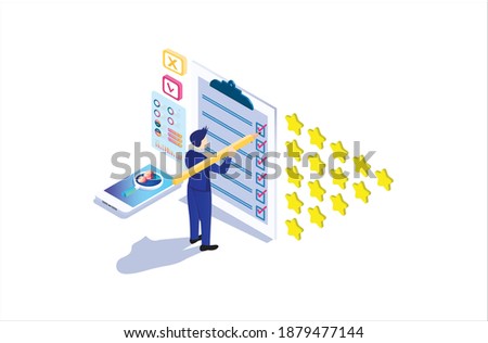 Modern Isometric  Online survey concept with rating star bubble for application product services. Suitable for Diagrams, Infographics, Game Asset, And Other Graphic Related Assets