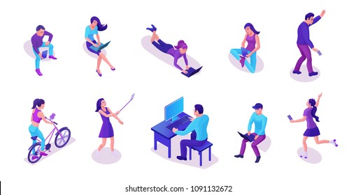 Modern isometric people set with gadgets, talking by smartphone, using message service, taking selfie, working with laptop, trendy 3d men and girls in violet colors