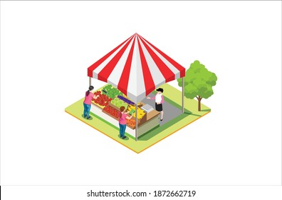 Modern Isometric Product Local market. Farmers selling healthy natural farming products in containers outdoor store with vegetables and fruits vector isometric concept. Suitable for Graphic Asset