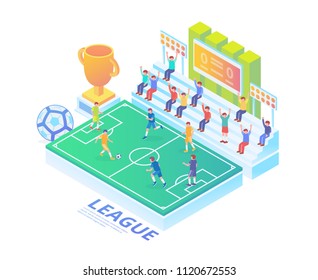 Modern Isometric Professional Live Soccer Tournament Technology Illustration in White Isolated Background With People and Digital Related Asset