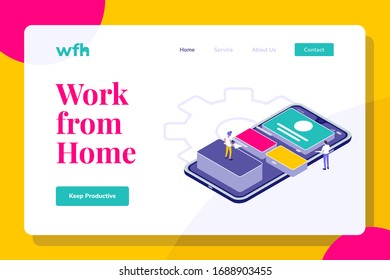 Modern Isometric Programmer Mobile App Work from Home Illustration Landing Page, Web Banners, Suitable for Diagrams, Infographics, Book Illustration, Game Asset, And Other Graphic Assets