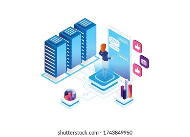 Modern Isometric programmer working in a software develop company office. Developing programming and coding technologies concept. UX UI User Interface and User eXperience Process.
