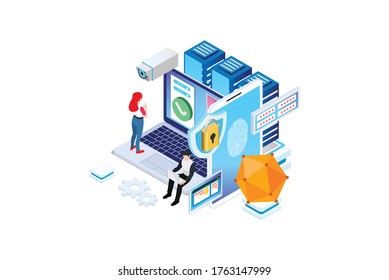 La isométrica moderna protege los datos y la confidencialidad. Seguridad y protección de datos confidencial, concepto con código de guardado de caracteres y acceso de verificación. Ilustración vectorial isométrica plana