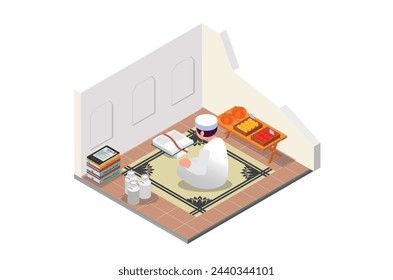 Modern Isometric Read the Qur'an in the month of Ramadan which is full of blessings Illustration Isolated Background. Suitable for Diagrams, Infographics, Game Assets, and Other Graphics