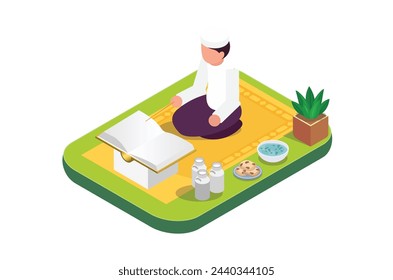Modern Isometric Read the Qur'an in the month of Ramadan which is full of blessings Illustration Isolated Background. Suitable for Diagrams, Infographics, Game Assets, and Other Graphics