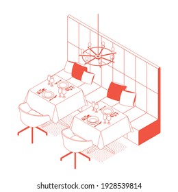 Modern isometric red restaurant, cafe. Vector illustration in flat design, isolated. Outlined, linear style. 