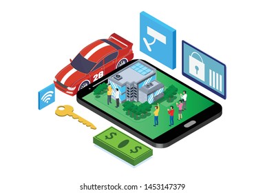 Modern Isometric Remote Smart Home Technology System Illustration in White Isolated Background With People and Digital Related Asset