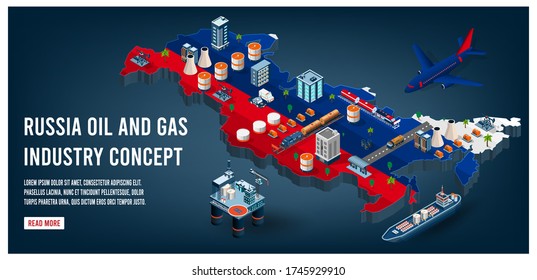 Modern isometric of Russia oil and gas industry concept with Energy and Power on flag background. 
Easy to edit and customize. Vector illustration
