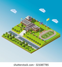 Modern Isometric School Or University Campus Building Illustration. Set Of Building, Street And Stadium Illustrations. Isometric City Illustration.