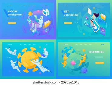 Modern isometric. Set of 3D illustration landing pages. Scientists study coronavirus and develop a vaccine.
