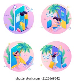 Modern isometric. Set of 3D illustration for website. Vacation at the sea. The girl plans her vacation online, booking hotels and air tickets