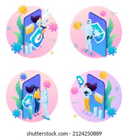 Modern isometric. Set of 3D illustration for website. Work of medical staff, collection of tests and vaccination.