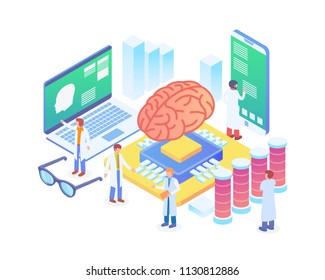 Modern Isometric Smart Artificial Intelligence Technology Illustration in White Isolated Background With People and Digital Related Asset