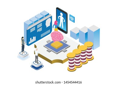 Modern Isometric Smart Artificial Intelligence Technology Illustration in White Isolated Background With People and Digital Related Asset