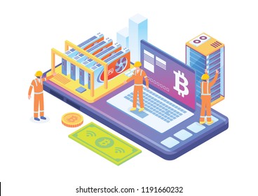Modern Isometric Smart Bitcoin Mining Illustration, Suitable for Diagrams, Infographics, Book Illustration, Game Asset, And Other Graphic Related Assets