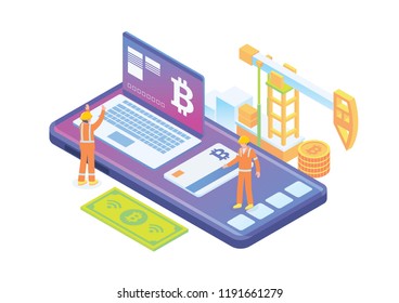 Modern Isometric Smart Bitcoin Mining Illustration, Suitable for Diagrams, Infographics, Book Illustration, Game Asset, And Other Graphic Related Assets