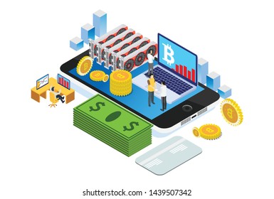 Modern Isometric Smart Bitcoin Mining Illustration, Suitable for Diagrams, Infographics, Book Illustration, Game Asset, And Other Graphic Related Assets