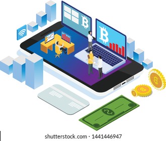 Modern Isometric Smart Bitcoin Mining Illustration, Suitable for Diagrams, Infographics, Book Illustration, Game Asset, And Other Graphic Related Assets