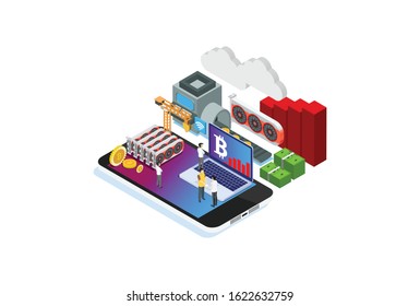 Modern Isometric Smart Bitcoin Mining Illustration. Suitable for Diagrams, Infographics, Book Illustration, Game Asset, And Other Graphic Related Assets