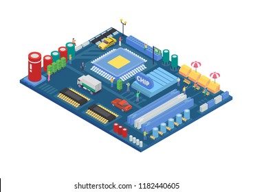 Modern Isometric Smart City Circuit Board Concept Illustration in Isolated White Background Modern Isometric Smart City Circuit Board Concept Illustration in Isolated White Background