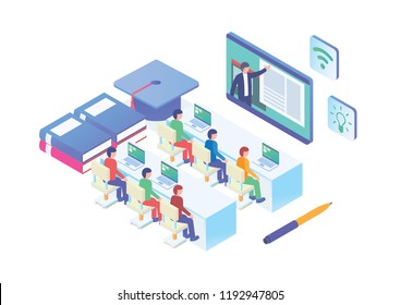 Modern Isometric Smart E-Learning Technology Illustration, Suitable for Diagrams, Infographics, Book Illustration, Game Asset, And Other Graphic Related Assets