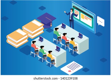 Modern Isometric Smart E-Learning Technology Illustration, Suitable for Diagrams, Infographics, Book Illustration, Game Asset, And Other Graphic Related Assets - Vector