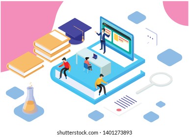 Modern Isometric Smart E-Learning Technology Illustration, Suitable for Diagrams, Infographics, Book Illustration, Game Asset, And Other Graphic Related Assets in isolated white background - Vector