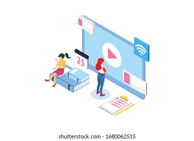 Modern Isometric Smart E-Learning Technology Illustration, Suitable for Diagrams, Infographics, Book Illustration, Game Asset, And Other Graphic Related Assets
