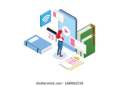 Modern Isometric Smart E-Learning Technology Illustration, Suitable for Diagrams, Infographics, Book Illustration, Game Asset, And Other Graphic Related Assets