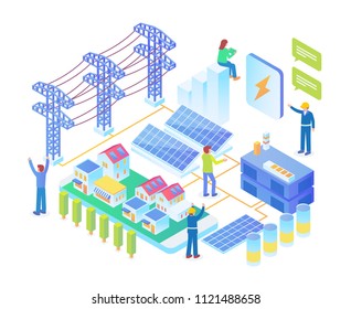 Modern Isometric Smart Electrical Solar Power Plant Technology Illustration in White Isolated Background With People and Digital Related Asset