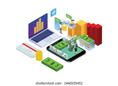 Modern Isometric Smart Financial Technology Illustration in White Isolated Background With People and Digital Related Asset