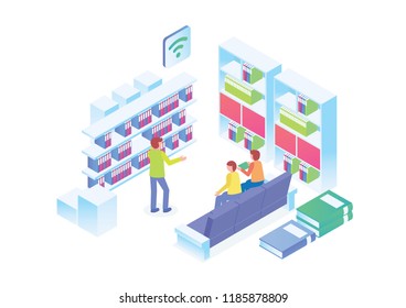 Modern Isometric Smart Library Interior Illustration, Suitable for Diagrams, Infographics, Book Illustration, Game Asset, And Other Graphic Related Assets