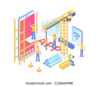 Modern Isometric Smart Mobile App Development Technology Illustration In White Isolated Background With People And Digital Related Asset