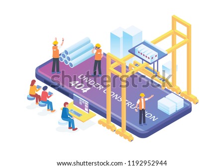 Modern Isometric Smart Mobile App Development Under Constuction Illustration, Suitable for Diagrams, Infographics, Book Illustration, Game Asset, And Other Graphic Related Assets