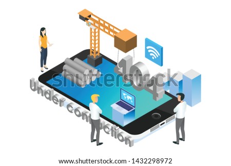 Modern Isometric Smart Mobile App Development Under Constuction Illustration, Suitable for Diagrams, Infographics, Book Illustration, Game Asset, And Other Graphic Related Assets