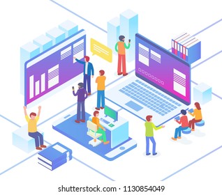 Modern Isometric Smart Office Technology Start Up Workspace Illustration in White Isolated Background With People and Digital Related Asset