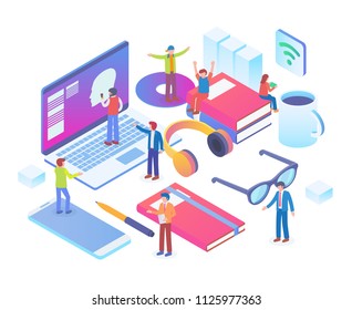 Modern Isometric Smart Smart Office Workspace Technology Illustration in White Isolated Background With People and Digital Related Asset