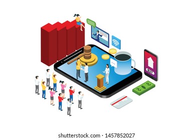 Modern Isometric Smart Online Auction Technology Illustration in White Isolated Background With People and Digital Related Asset