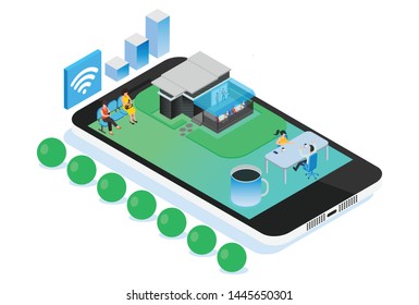 Modern Isometric Smart Online Cafe Reservation, Suitable for Diagrams, Infographics, Illustration, And Other Graphic Related Assets