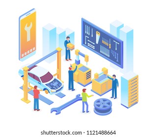 Modern Isometric Smart Online Car Workshop System Technology Illustration In White Isolated Background With People And Digital Related Asset