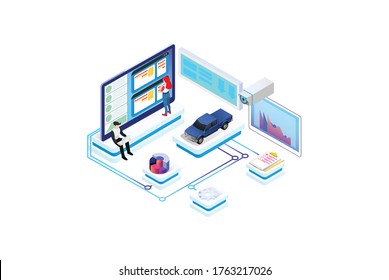 Modern Isometric Smart Online Car Workshop System Technology Illustration in White Isolated Background With People and Digital Related Asset