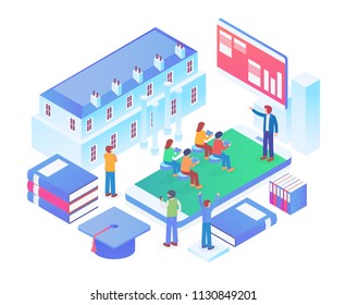 Modern Isometric Smart Online E-Learning Education Technology Illustration in White Isolated Background With People and Digital Related Asset