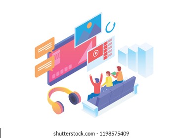 Modern Isometric Smart Online Home Entertainment System Illustration, Suitable for Diagrams, Infographics, Book Illustration, Game Asset, And Other Graphic Related Assets