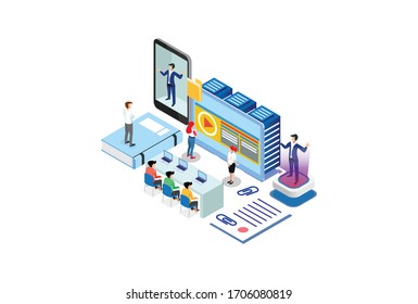 Modern Isometric Smart Online Learning Technology Illustration in White Isolated Background With People and Digital Related Asset