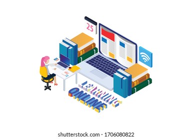 Modern Isometric Smart Online Learning Technology Illustration in White Isolated Background With People and Digital Related Asset